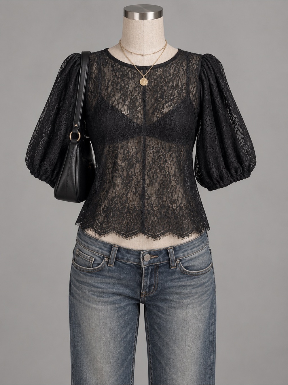 Black Lace Puff-Sleeve Top - Women